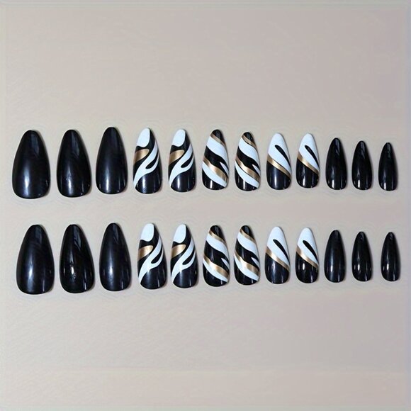 24-Piece Almond-Shaped Press-On Nails Set - Medium Length with Black and White - Picture 6 of 6
